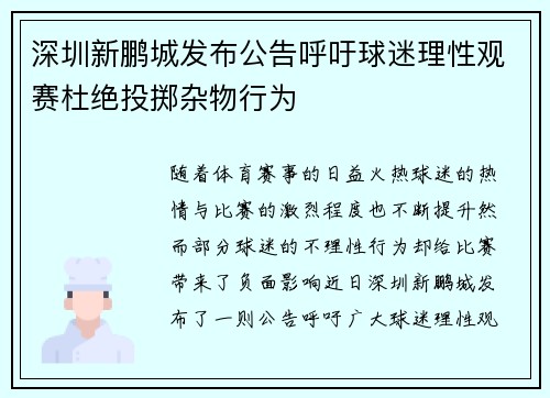 深圳新鹏城发布公告呼吁球迷理性观赛杜绝投掷杂物行为