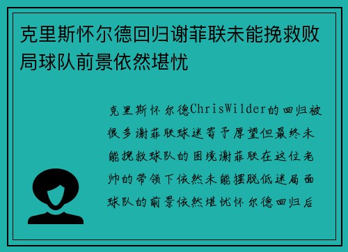 克里斯怀尔德回归谢菲联未能挽救败局球队前景依然堪忧 克里斯怀尔德回归谢菲联未能挽救败局球队前景依然堪忧